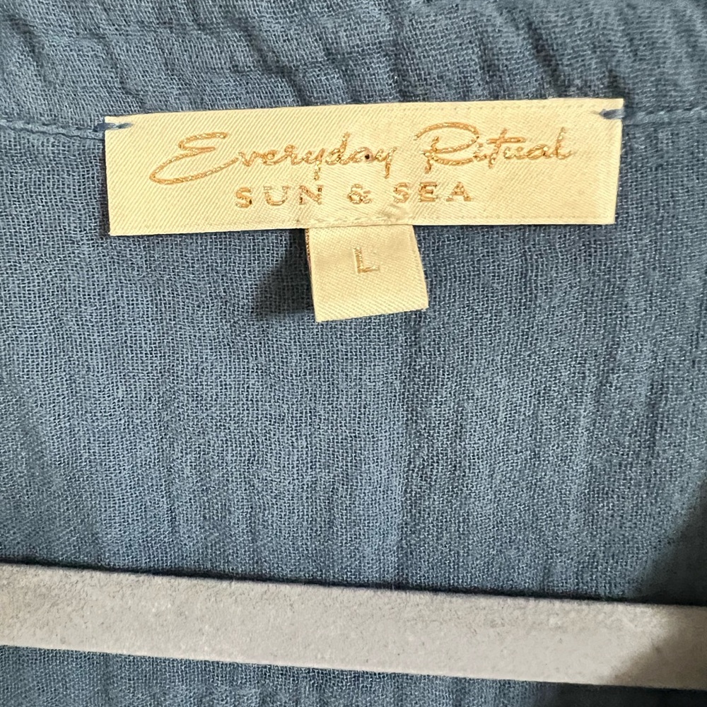 Everyday Ritual Tracy Gauze Cotton Henley Caftan Blue Large - Picture 4 of 5